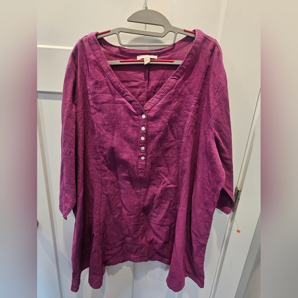 Woman Within 1X 22/24 Purple 100% Cotton Tunic Top Button Front Long Sleeve